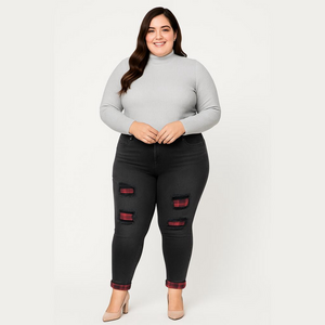 Judy Blue Black Skinny Fit Distressed Buffalo Red Plaid Jeans Size 18W